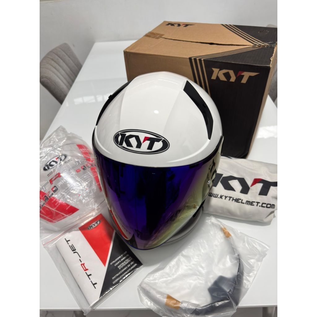 Helm Kyt TTR JET White/Putih Solid Size L Fullset Like New Visor Iridium Blue