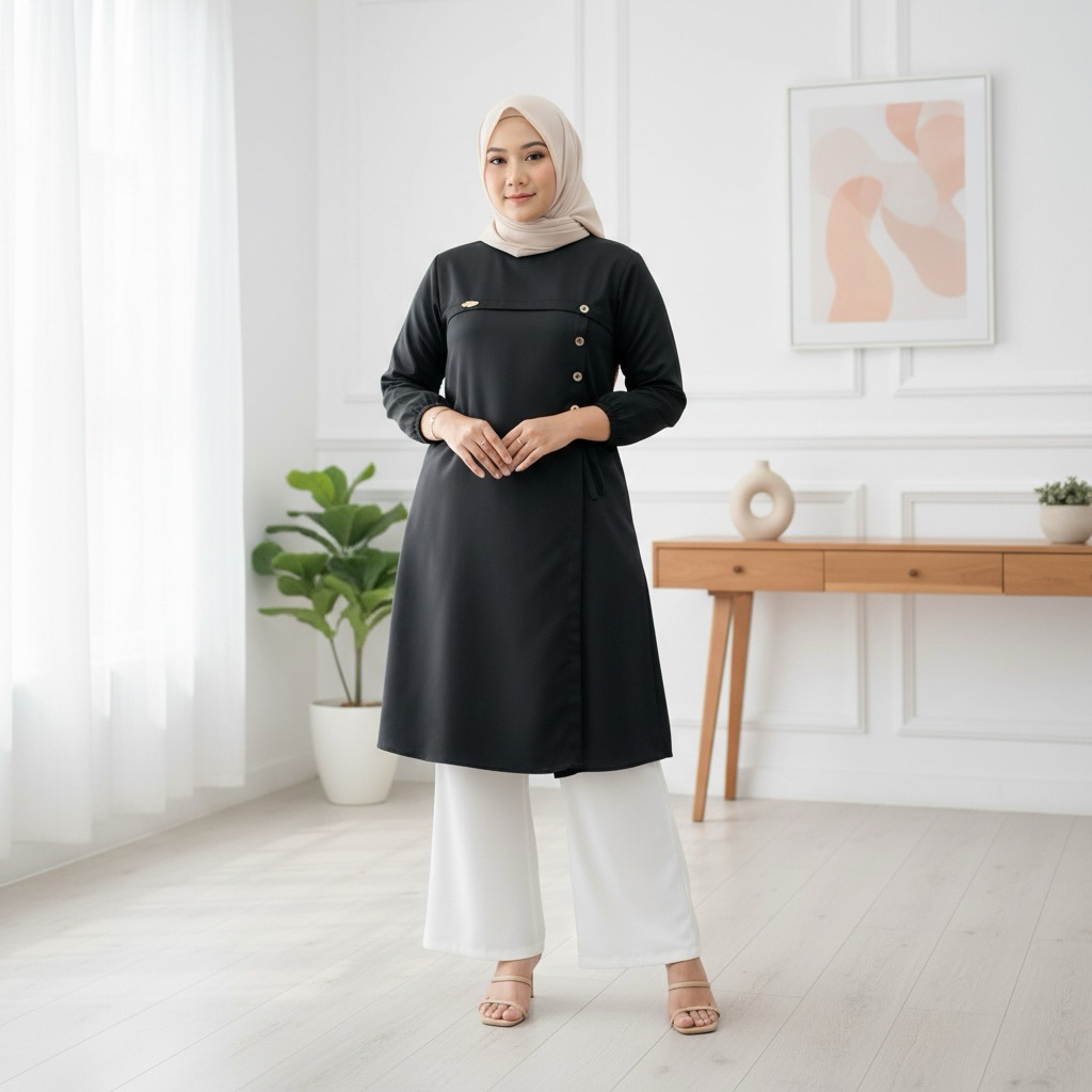 Grenata Boutique - Khalisa Tunik Toyobo Premium Kancing Depan Mewah Tali Samping Wanita Muslimah Ele