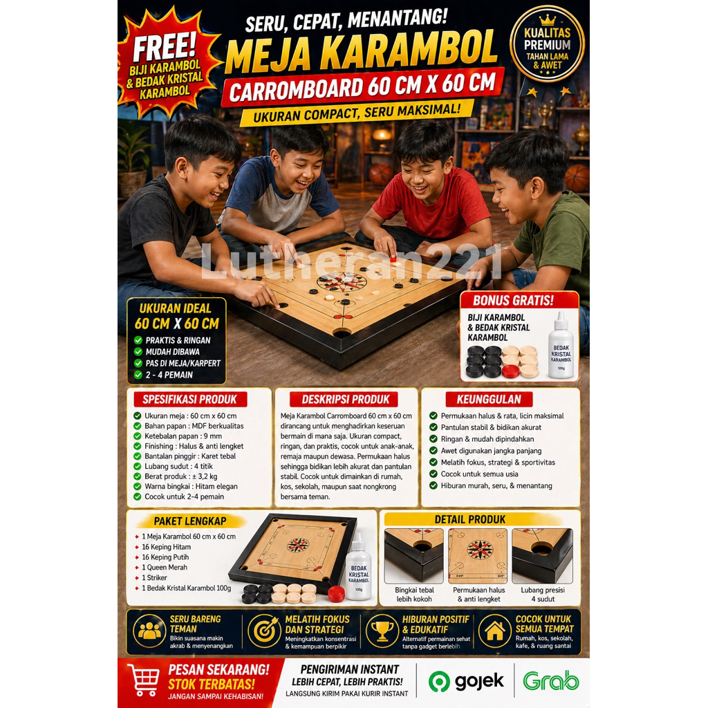 Meja Karambol Carromboard 60x60 cm Kayu Mini + FREE Biji Karambol & Bedak Kristal | Carrom Board Kec