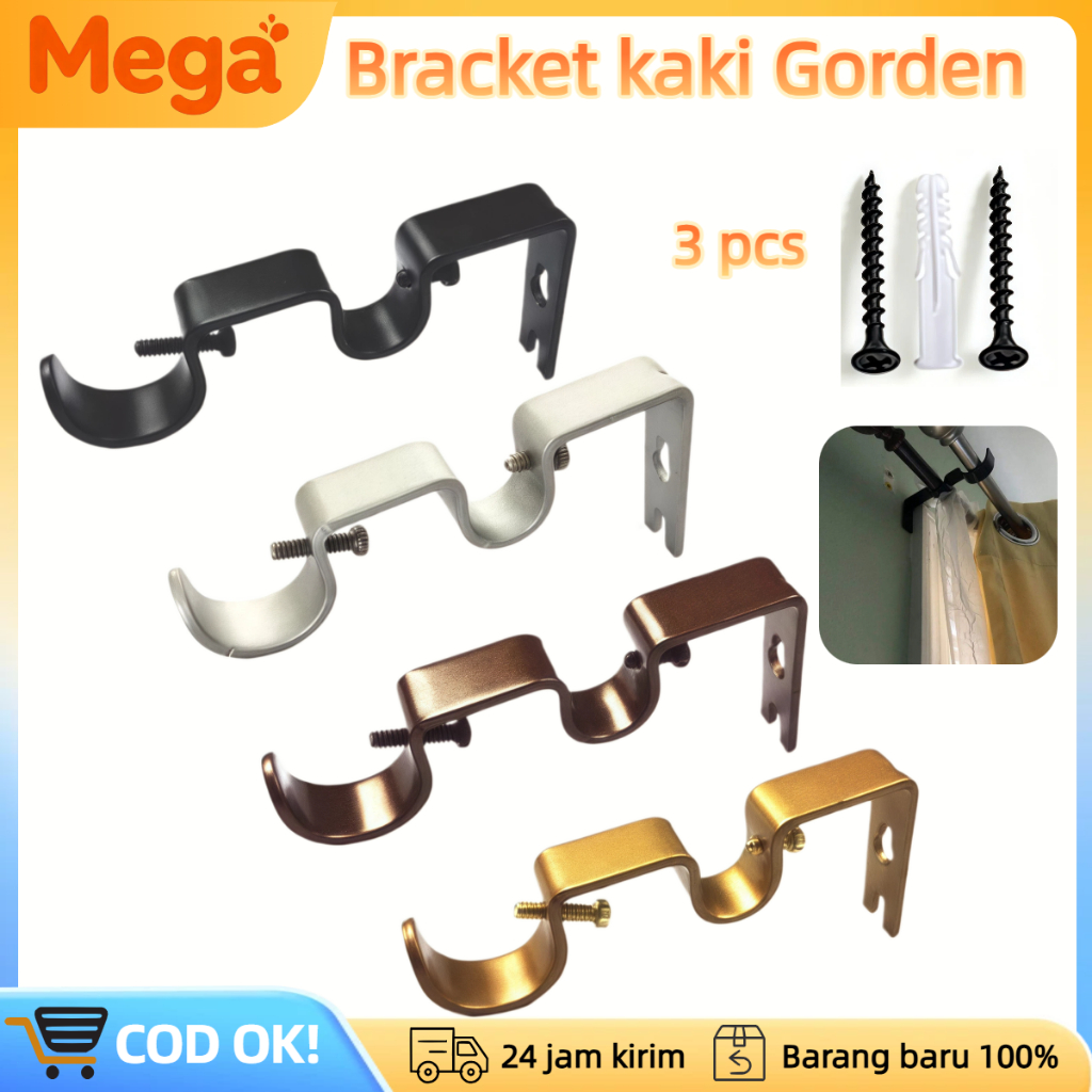 Bracket Gorden 3Pcs Kaki Gorden Penyangga Tiang Gorden Super Kokoh, Braket Rel Gorden Double Rod Bes