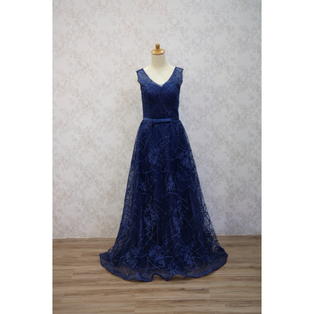 sewa gaun navy party dress pesta brokat