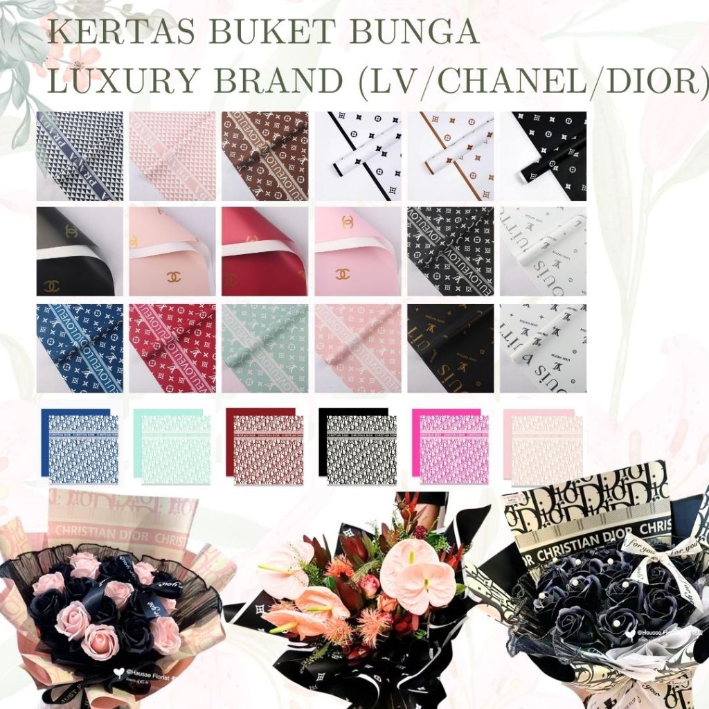 Kertas Cellophane Buket Bunga Luxury Branded Dior/LV/Channel Kertas Buket Bunga Motif Luxury