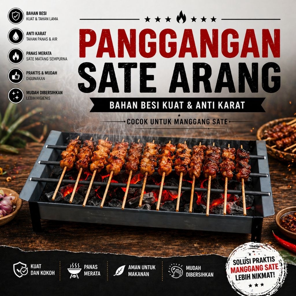 Panggangan Sate Arang Portable Besi Tebal | Alat Bakar Sate BBQ Anti Karat Tahan Lama
