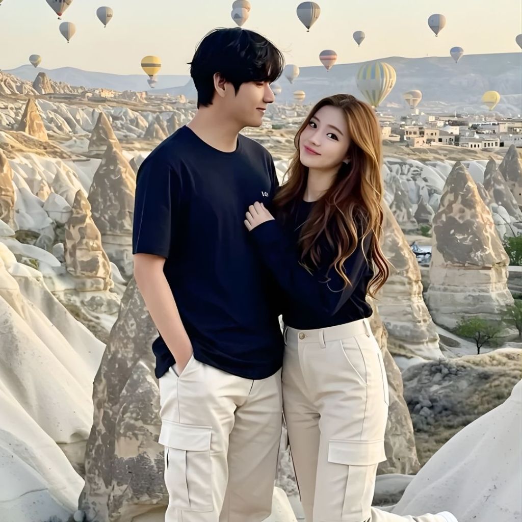Couple Set | Kaos Celana Cargo Topi + Kaos Rib Celana Cargo Topi | Outfit Couple Pasangan kekinian S