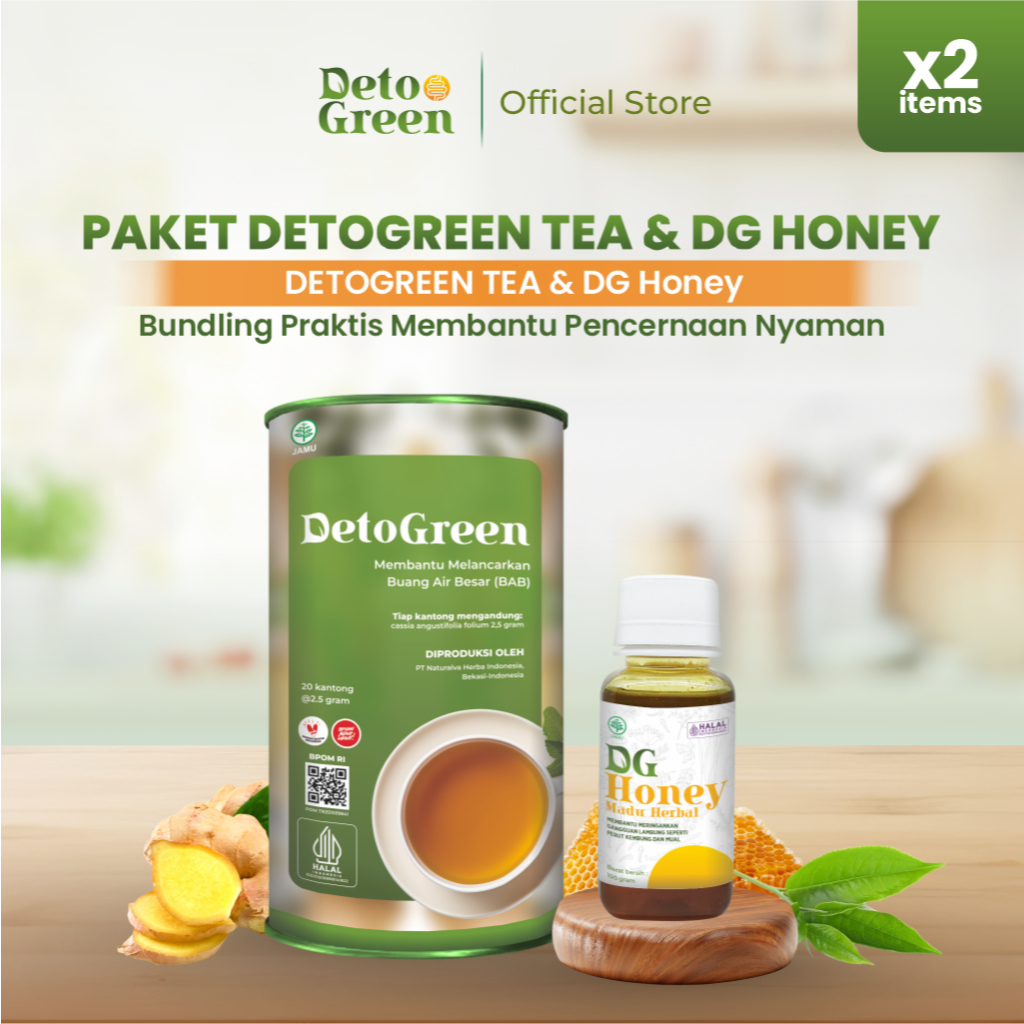DetoGreen Tea & DetoGreen Honey Paket Pencernaan Lancar Anti Kembung