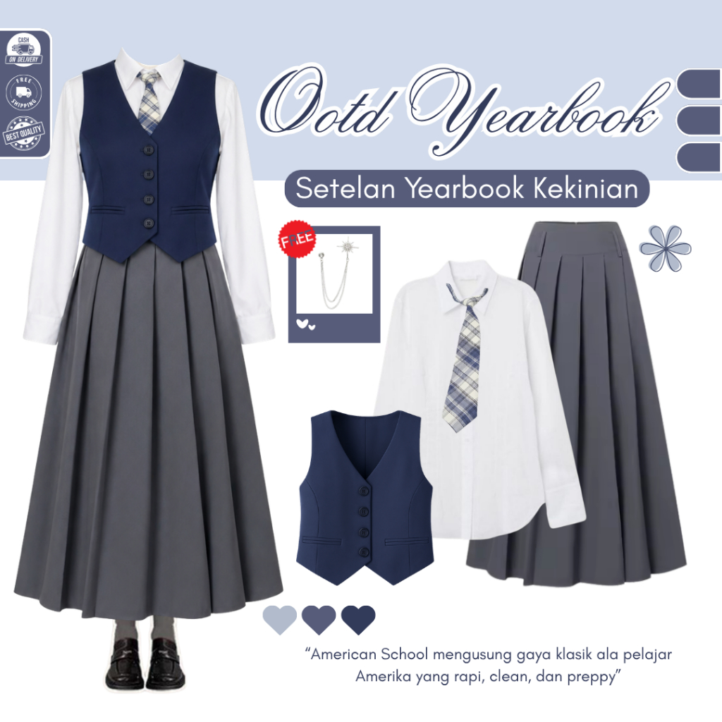OOTD Yearbook American School  (Vest Navy + Kemeja Basic + Rok Remple ) One Set Outfit Yearbook Amer