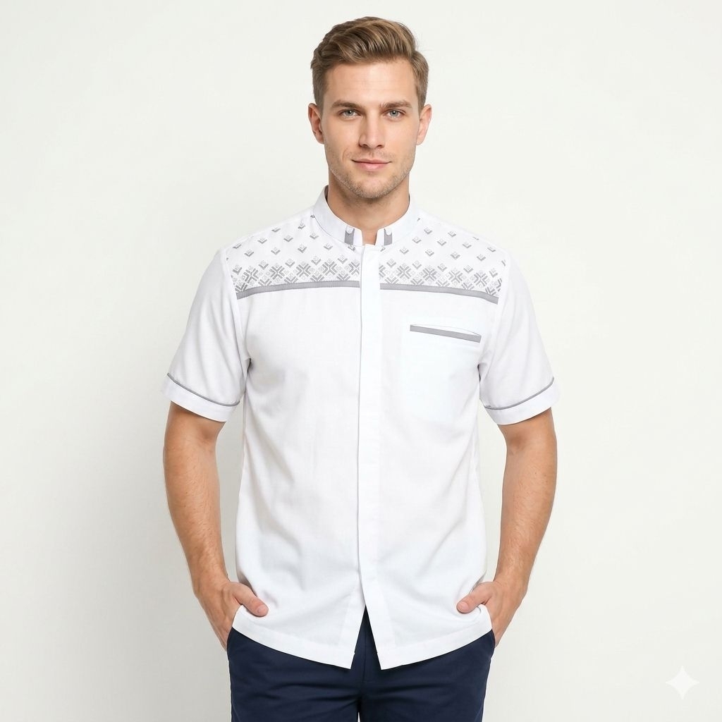 BAJU KOKO PUTIH TULANG MOTIF BORDIR PRIA BAHAN POLI KATUN