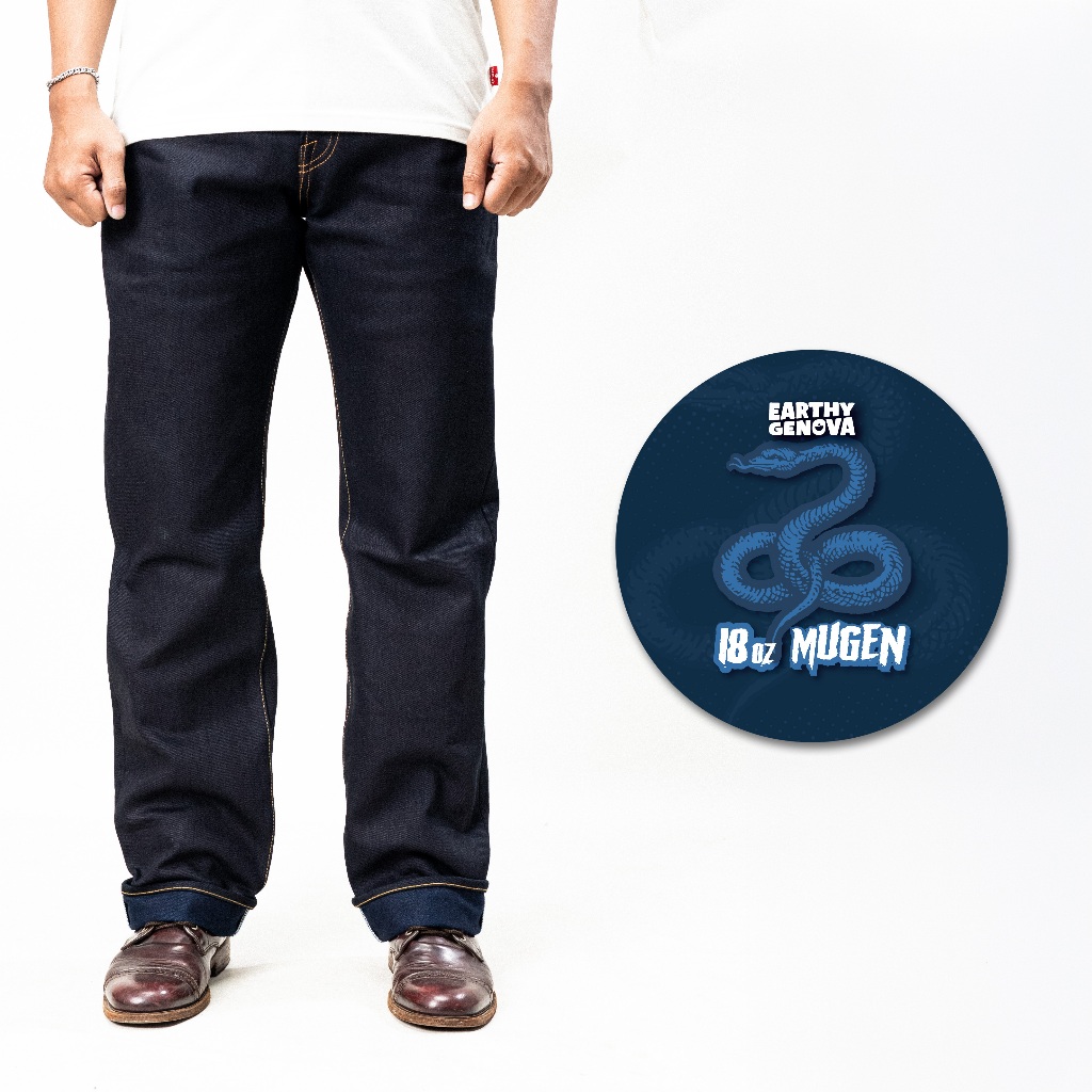 EARTHY GENOVA - Denim Selvedge MUGEN 18 Oz Sanforized Celana Raw Jeans Pria Indigo x Indigo Color Re