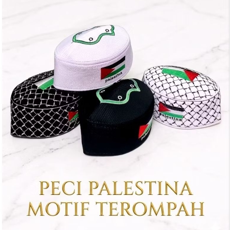Peci PALESTINA ANAK DAN DEWASA , Peci Palestina Motif Terompah Anak Dan Dewasa , Peci Palestina Puti