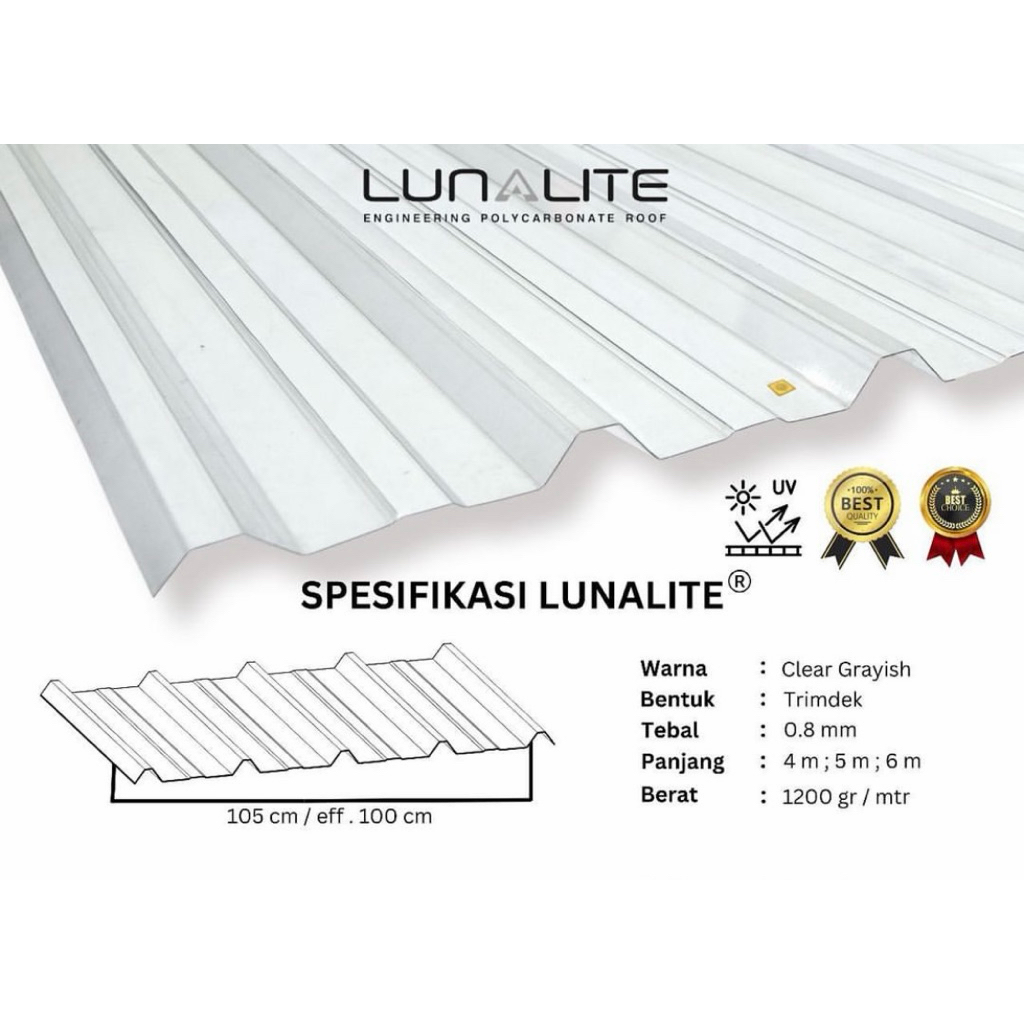 Atap Spandek Transparan Bening LEBAR 1mtr bahan Polycarbonate LUNALITE