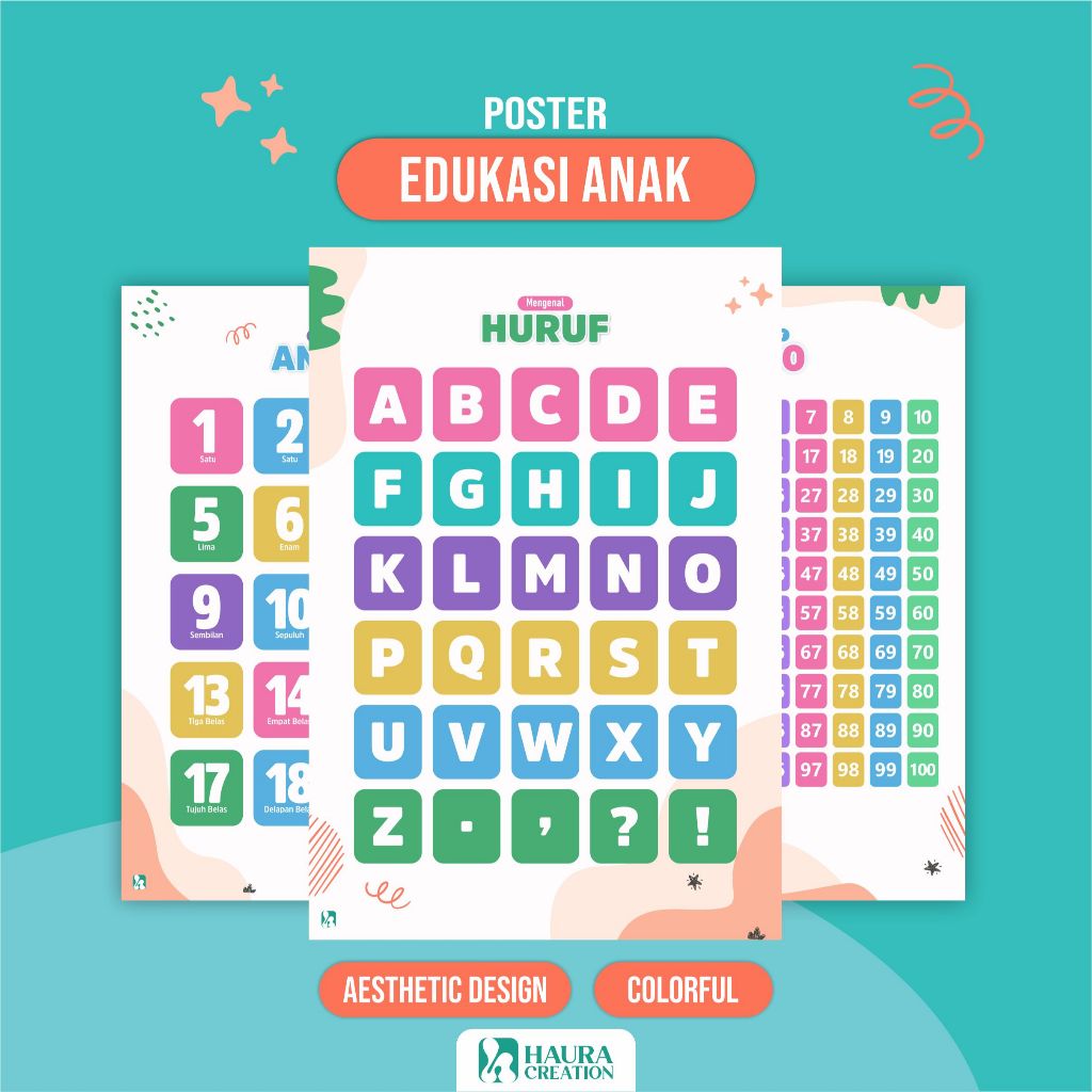 Poster Edukasi Anak Estetik Belajar Huruf Besar Huruf Kecil Alfabet Angka 1-20 Angka 1-100 Ukuran Be
