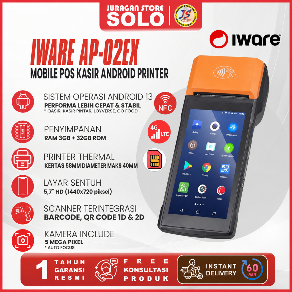 Android POS IWARE AP-02EX RAM 3/32GB - Mesin Kasir Portable NFC 4G Android 13
