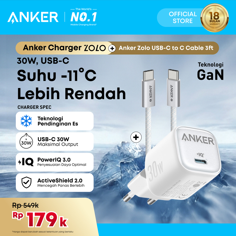 Anker Zolo GaN 20W 30W Wall Charger Adaptor Kabel for iPhone 17 16 15 14 13 Samsung Ice-Cooled PD US
