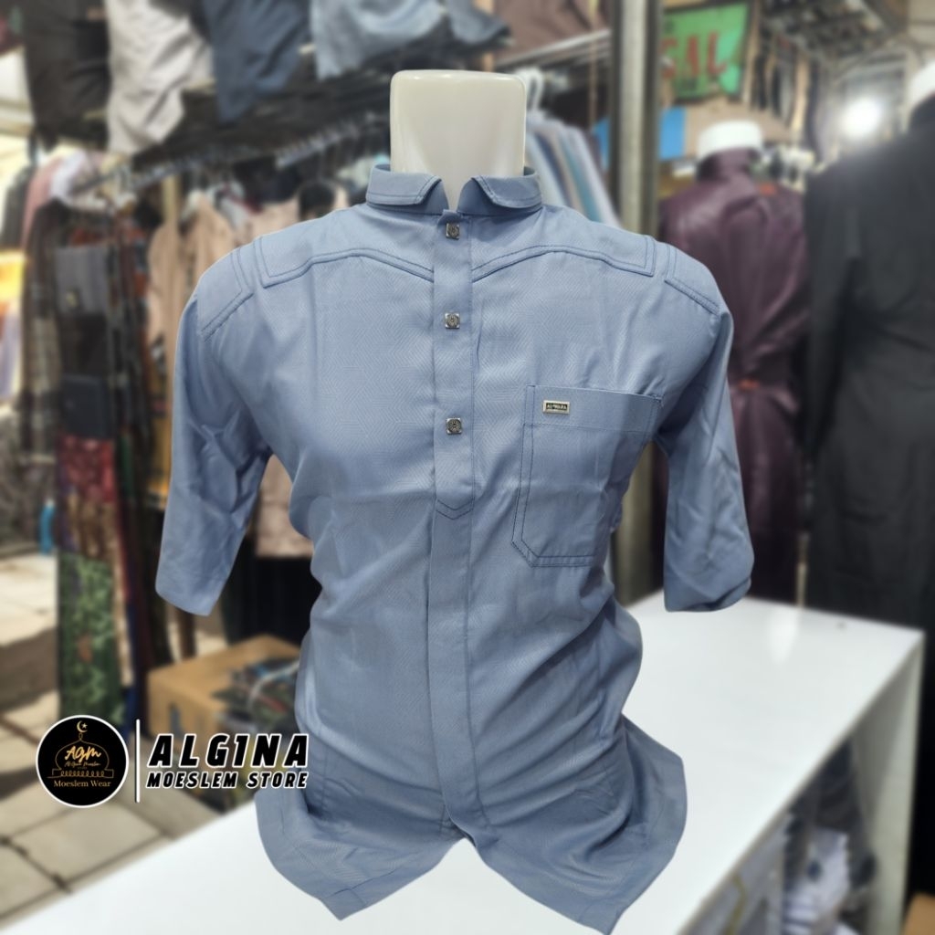 Koko Al Wafa Warna Embos Kancing Thailand Lengan Pendek  | Baju Muslim Lengan Pendek Al Wafa Platinu