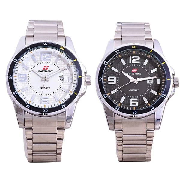 Swiss Army Jam Tangan Pria Quartz analog Tanggal aktif Jam Cowok Rantai Stainless Steel Band