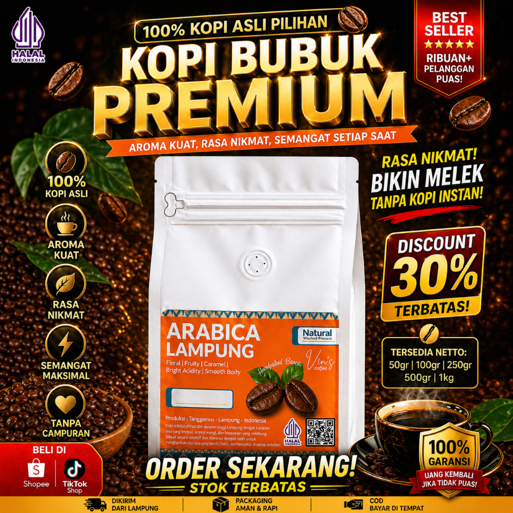 Kopi Bubuk Arabika Lampung Asli | Smooth & Aromatic | Single Origin Premium Vin’s Coffee