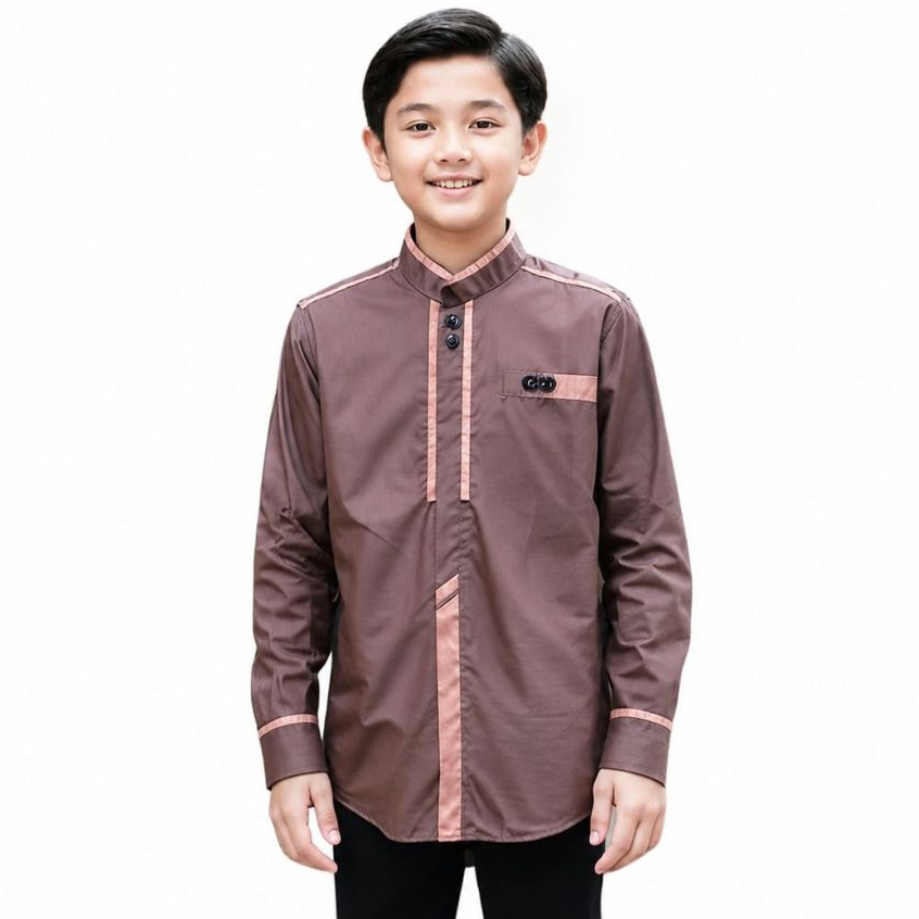 Baju Koko Anak Lengan Panjang SD SMP Usia 6–15 Tahun Motif Khatulistiwa Warna Putih Navy Coklat Maho