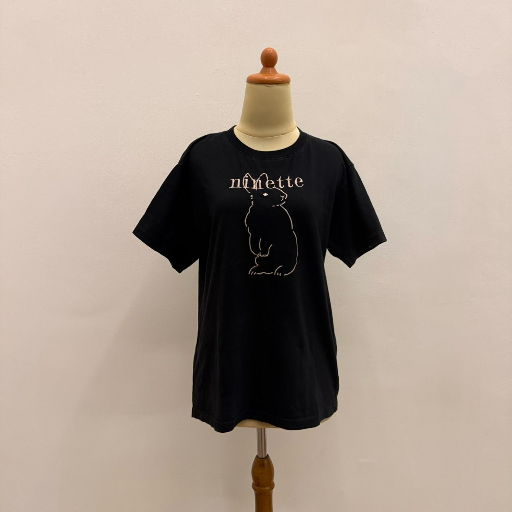 PRELOVED Ninette Black Bunny Logo Short Sleeve T-Shirt Blouse Kaos Wanita