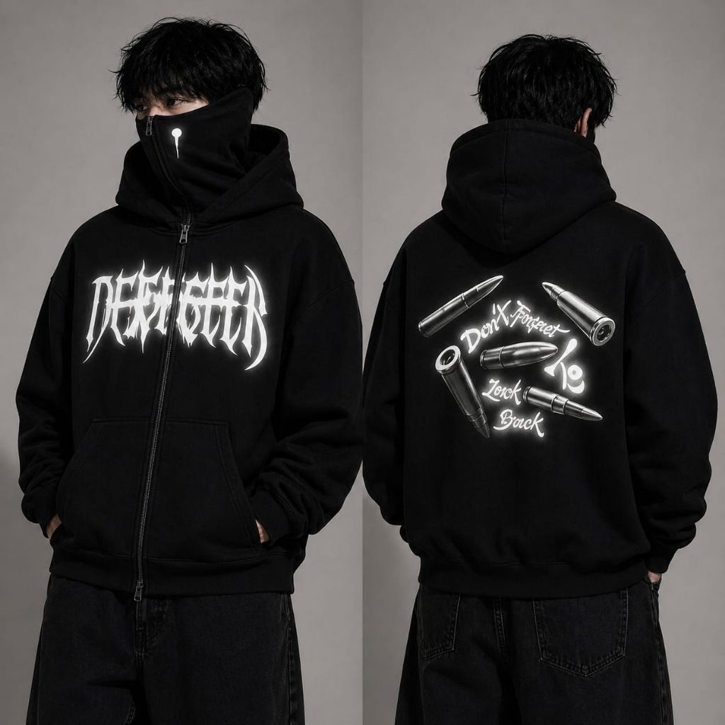 Childhood Hoodie Balaclava Zipper Reflektif Sablon Nyala Frenemy Jaket Boxy Hitam Pria Wanita