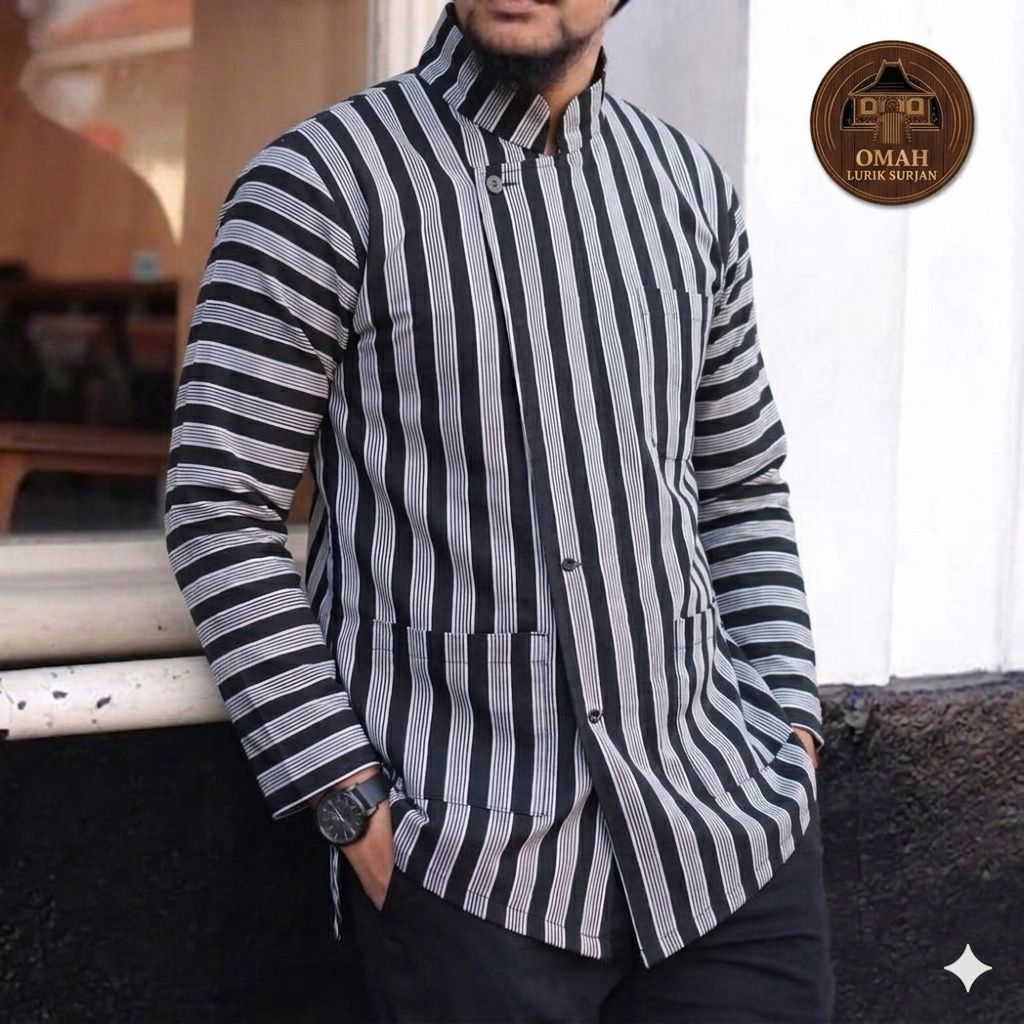 Baju Surjan Lurik Abu-Abu Dewasa Pria – Outfit Tradisional Jawa Resmi, Adat & Kartinian | Omahluriks