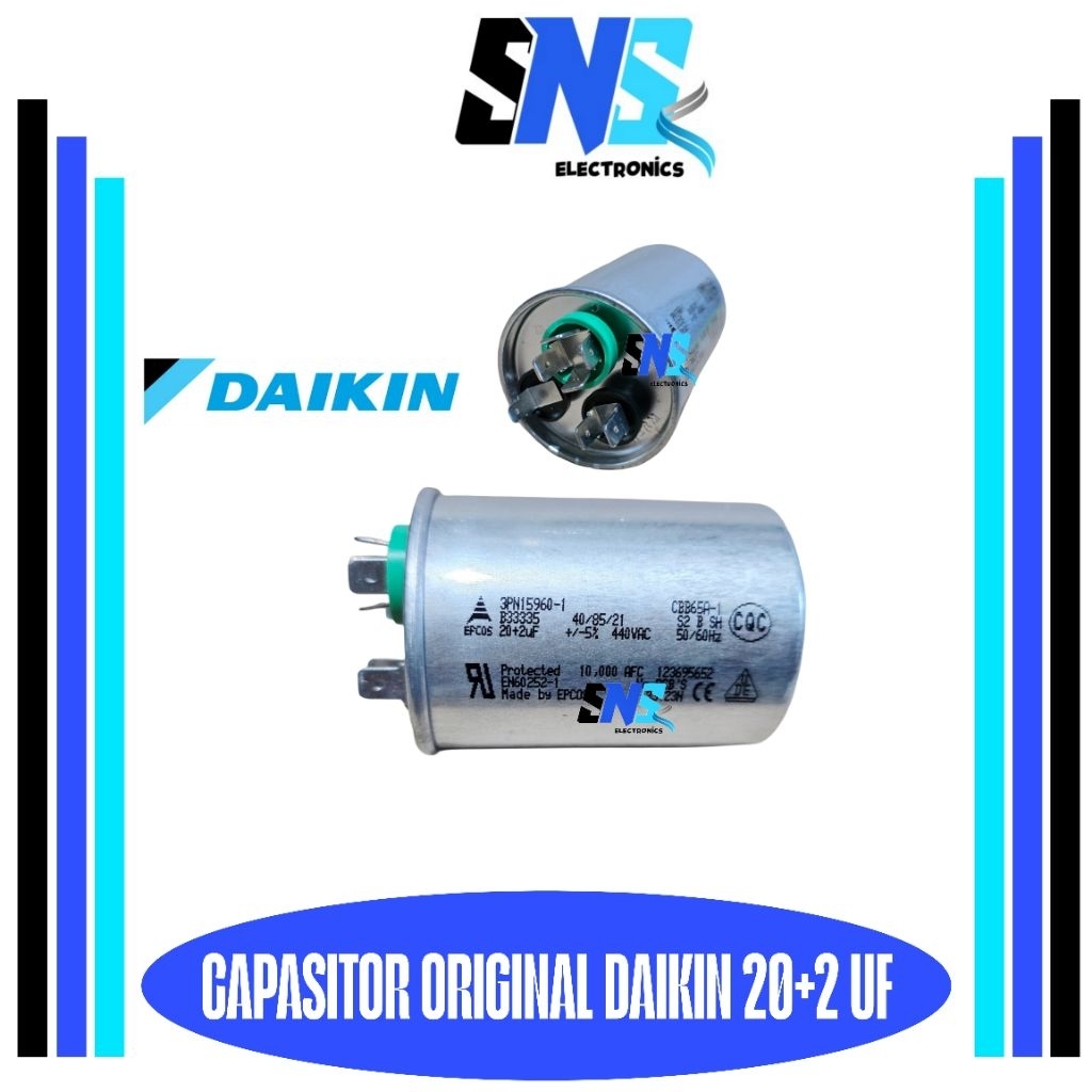 Kapasitor ORIGINAL AC DAIKIN 1/2 PK 20+2 uf  440 VAC - Capasitor AC 1/2PK daikin original 20+2uf  EP