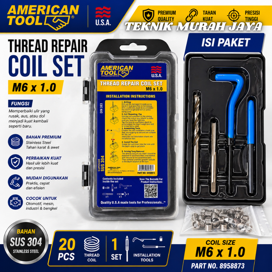 AMERICAN TOOL 8958873 COIL Thread Repair Kit PRO 20 pcs Set M6 X 1.0 - 2D Recoil Helicoil baut 10 Un