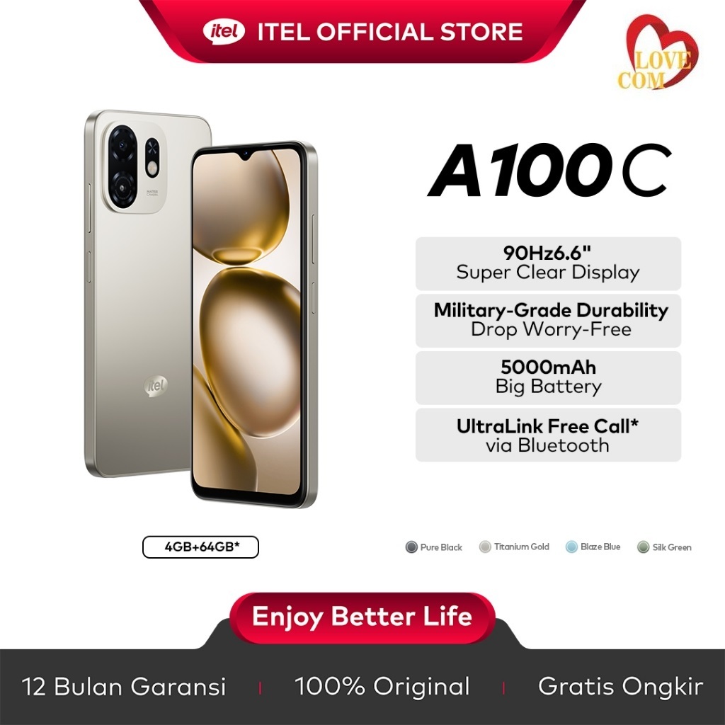 ITEL A100C [3/64 GB] [4/64 GB] - Layar 6,6'' 90Hz, 5000mAh Battery, UltraLink Free Call - GARANSI RE