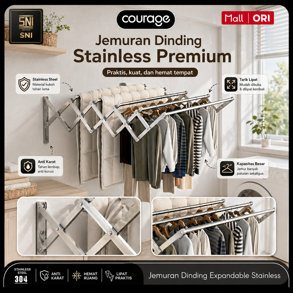 COURAGE Jemuran Dinding Lipat Portable Stainless Steel Up to 200cm Jemuran Balkon Multifungsi