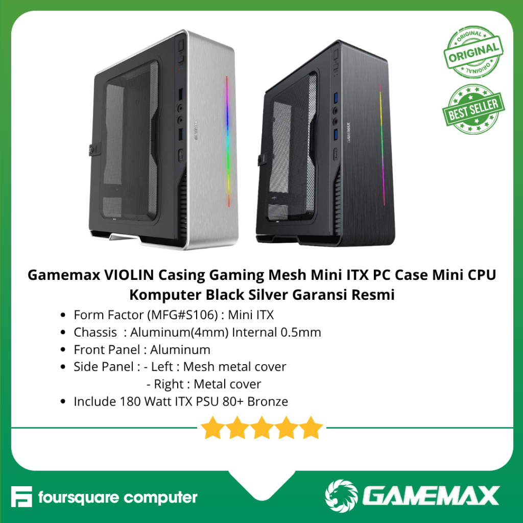Gamemax VIOLIN Casing Gaming Mesh Mini ITX PC Case Mini CPU Komputer Black Silver Garansi Resmi
