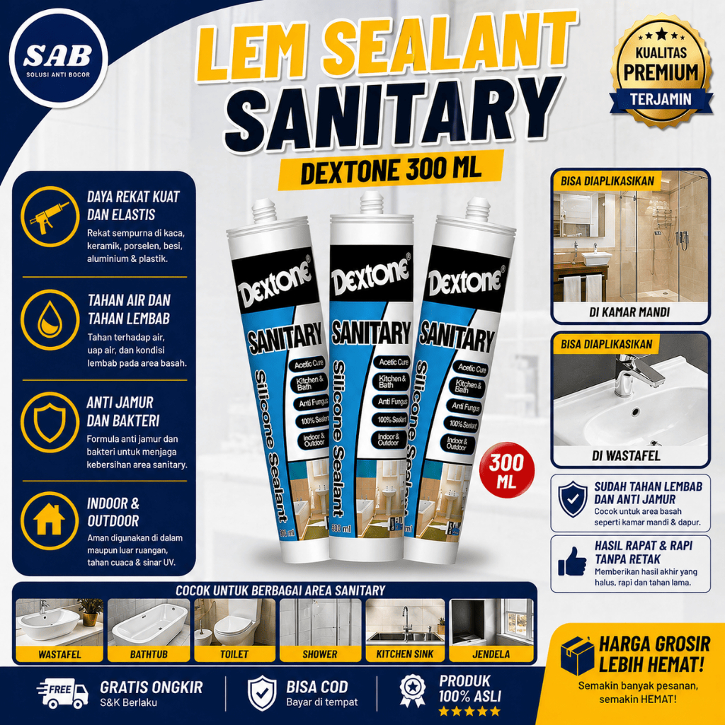 Lem Silikon Dextone Sanitary Sealant Tahan Air Panas Anti Jamur Waterproof Strong Glue