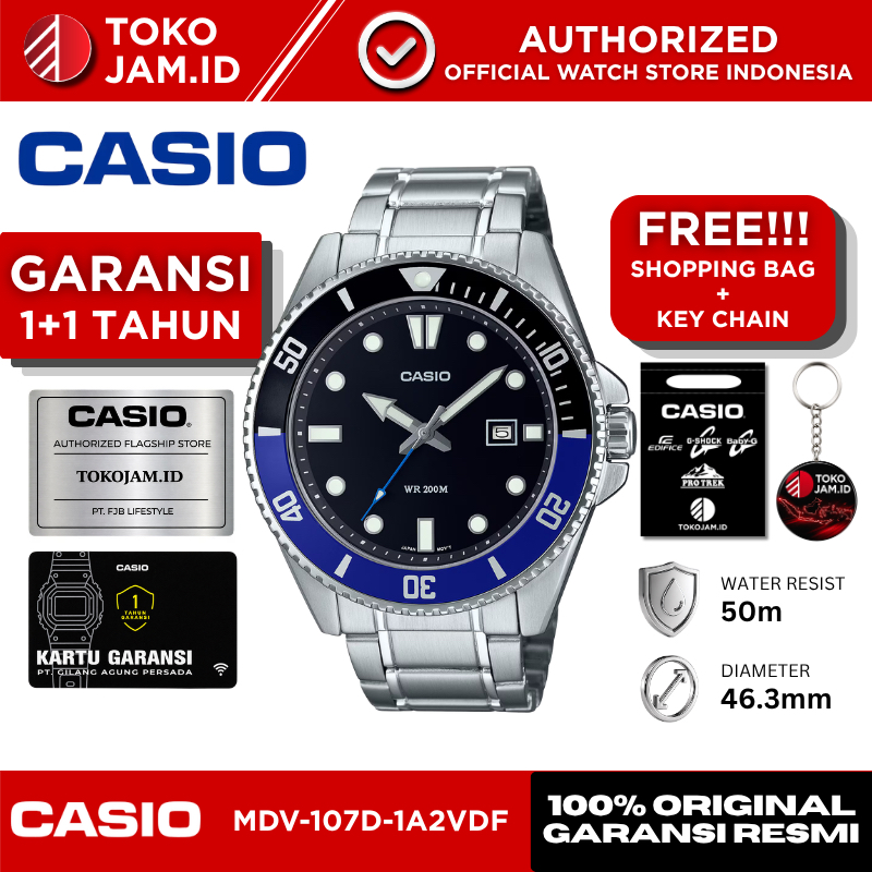 Jam Tangan Pria Casio MDV-107D-1A2VDF Original Analog Duro Stainless Steel Black Dial Blue Bezel 200