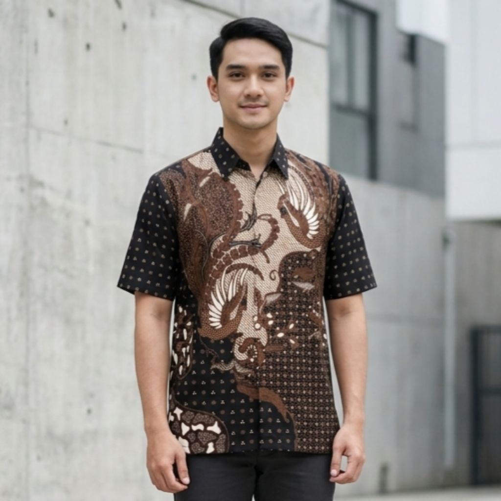 Batik Pria Lengan Pendek Hitam Cokelat Phoenix Katun Signature Reguler Seragam Batik Pesta Pernikaha