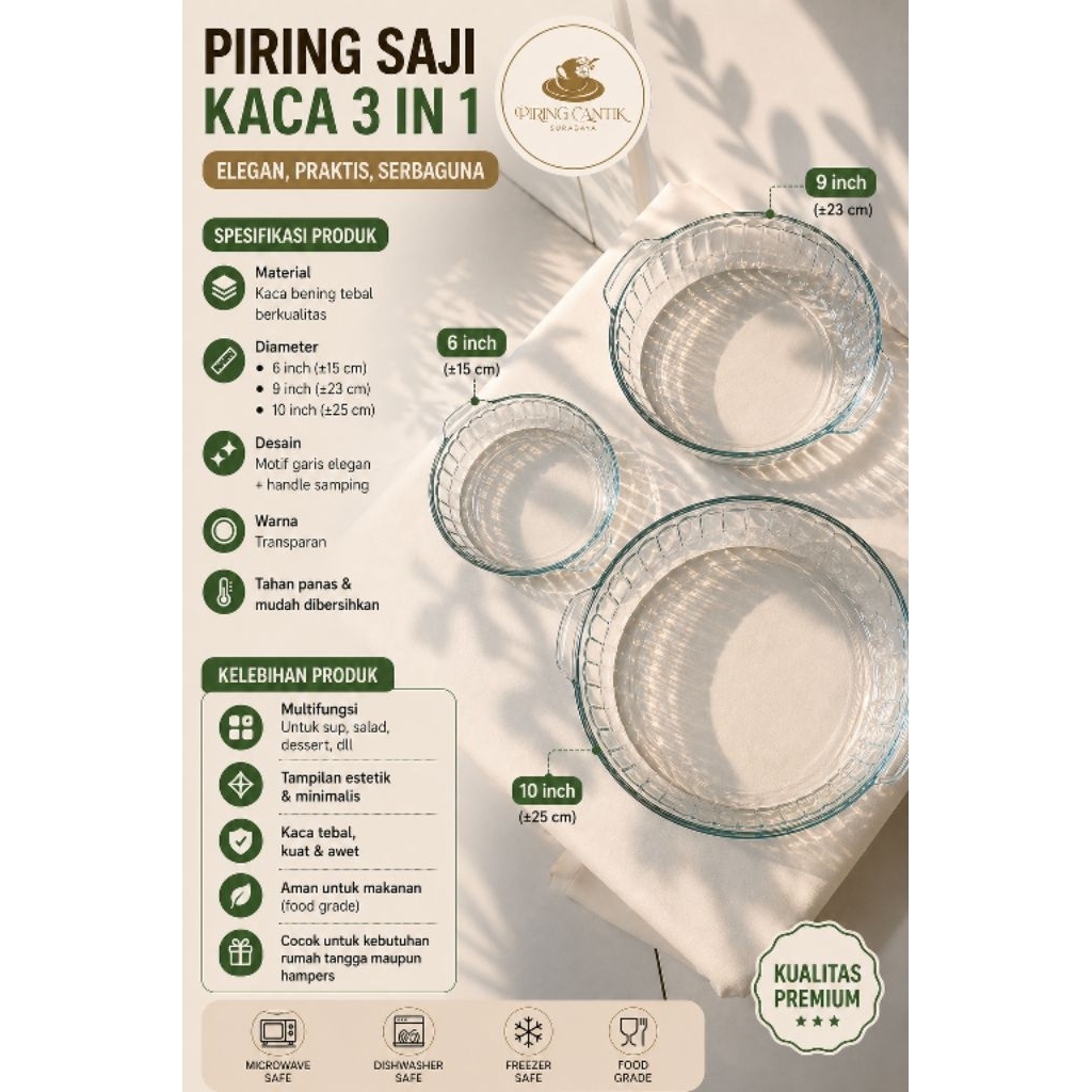 Piring Saji Kaca untuk Pie, Pastel tutup, serbaguna. 3 in 1