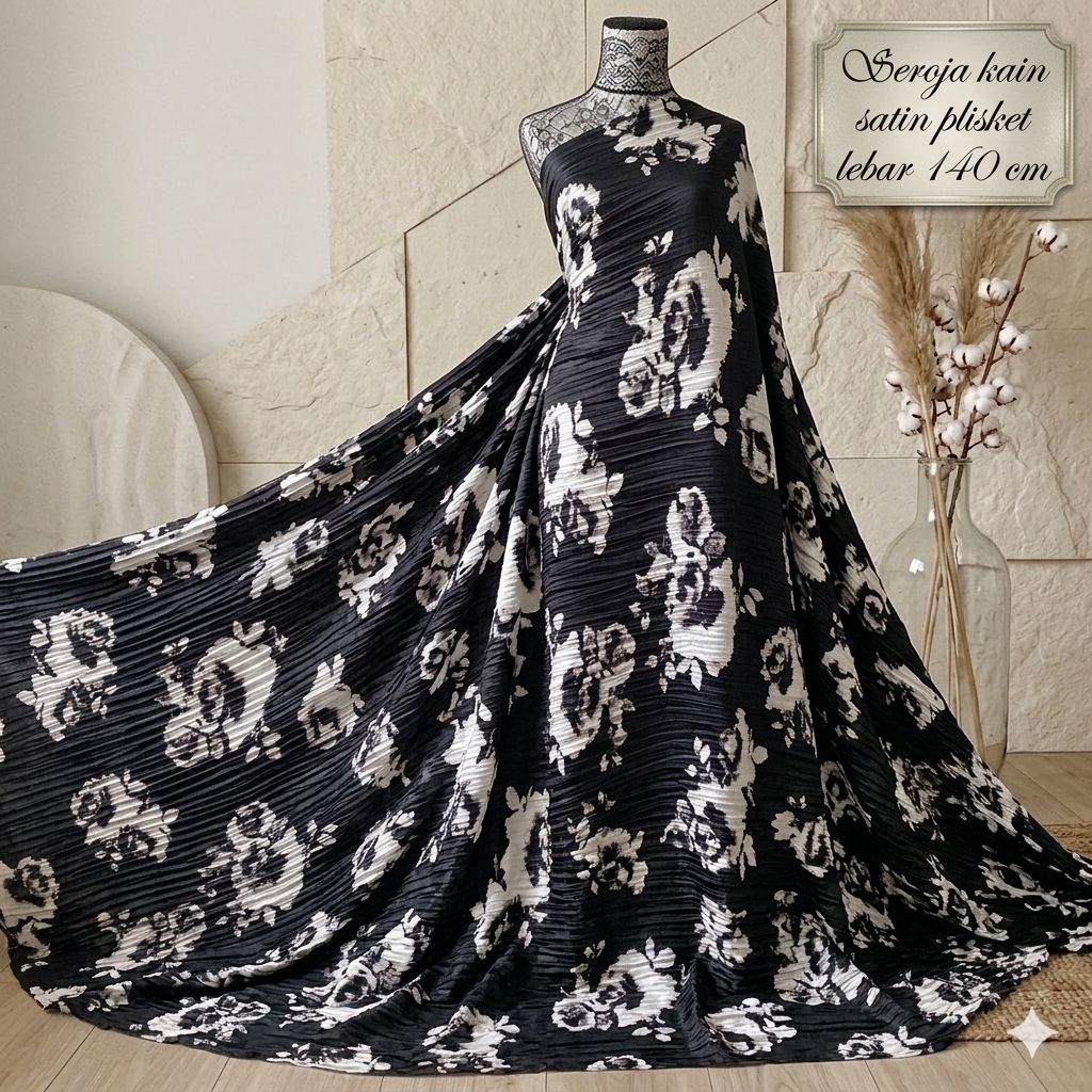 Kain Satin Plisket Motif Bunga Hitam Putih Premium - Lebar 140cm Crt
