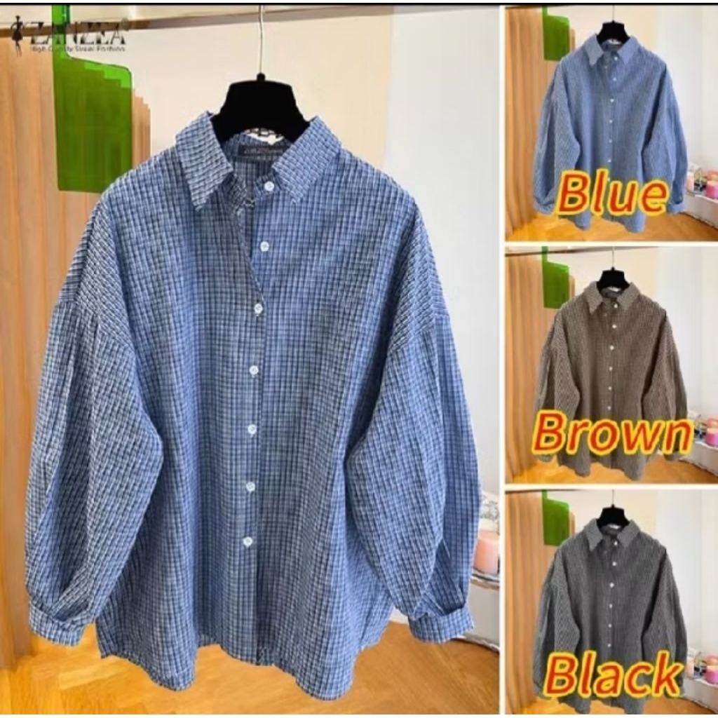 ZANZEA Women Fashion Retno Casual Kemeja Kotak - Kotak Atasan Wanita Korea Oversize Premium