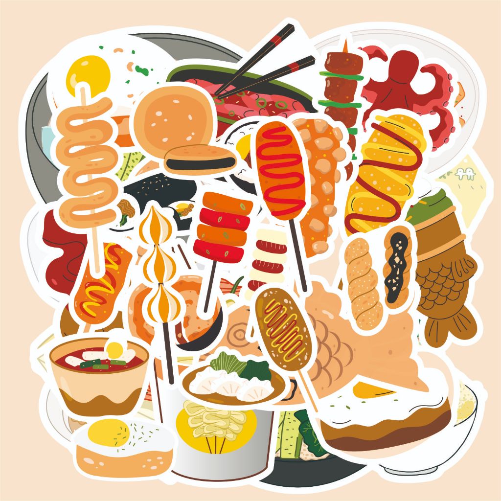 ( 50 pcs) cetak stiker satuan murah edisi KOREAN FOOD-cute/toppoki/odeng stiker