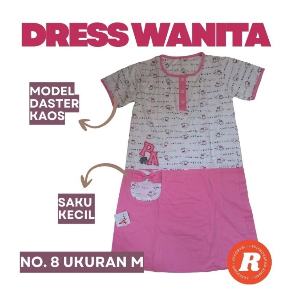 Dress Wanita Daster Kaos Saku Kecil Dress Remaja Dewasa Warna Pink