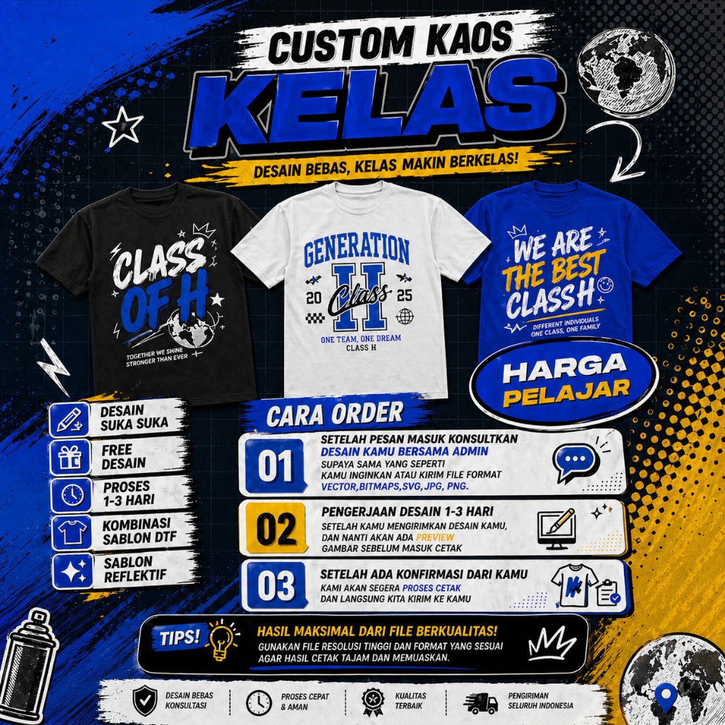 Kaos Custom Kelas ( Tidak Menyala ) / Kaos Kelas / Baju Kelas Custom Satuan Gratis Desain