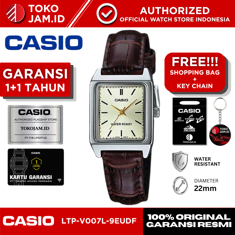 Jam Tangan Wanita Casio LTP-V007L-9EUDF Original Analog Cream Dial Brown Leather Strap Classic Elega
