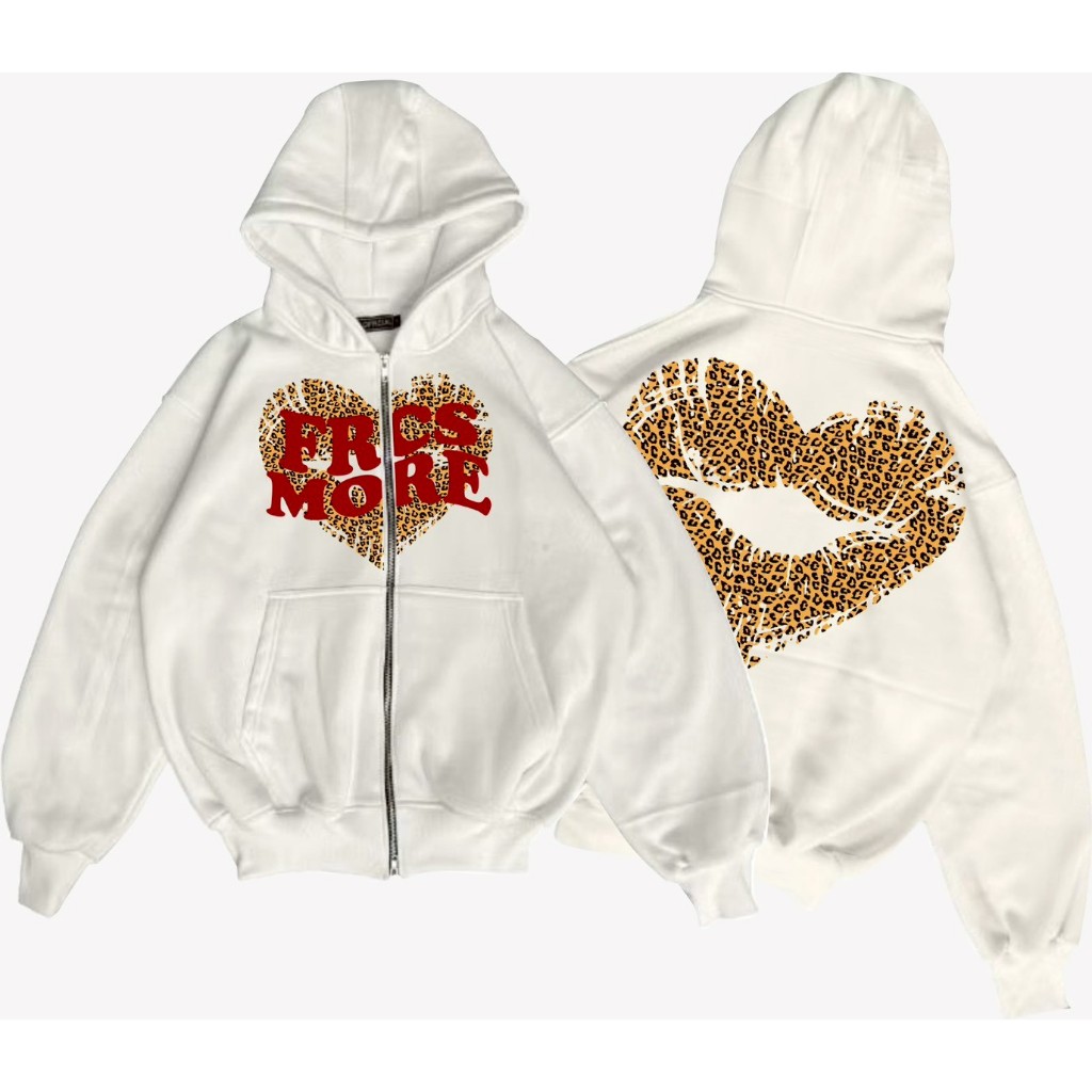 Jaket Sweater Hoodie Boxy Zipper Pria Leopard Heart White Premium High Quality Distro