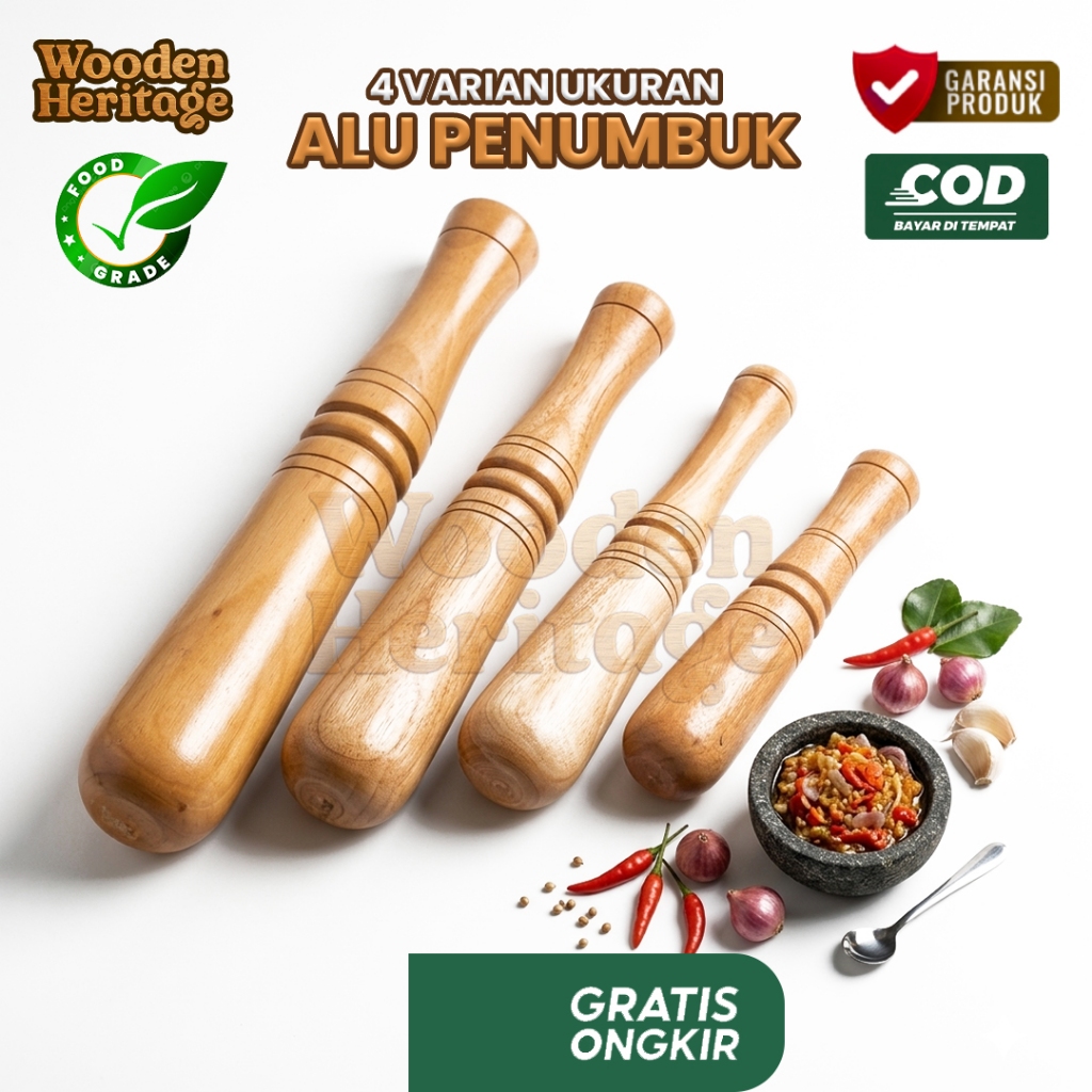 Alu Kayu Penumbuk Bumbu Dapur- Tumbukan Bumbu Dapur Kayu Kuat & Halus - Alat Penghancur Rempah Tradi