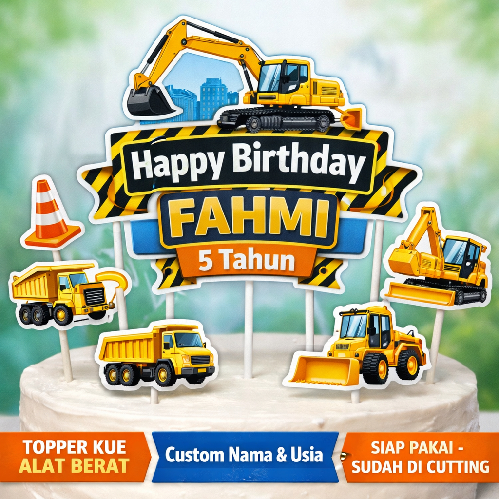 Topper Kue Alat Berat Excavator Custom Nama & Umur | Cake Topper Ulang Tahun Anak Tema Truck Konstru