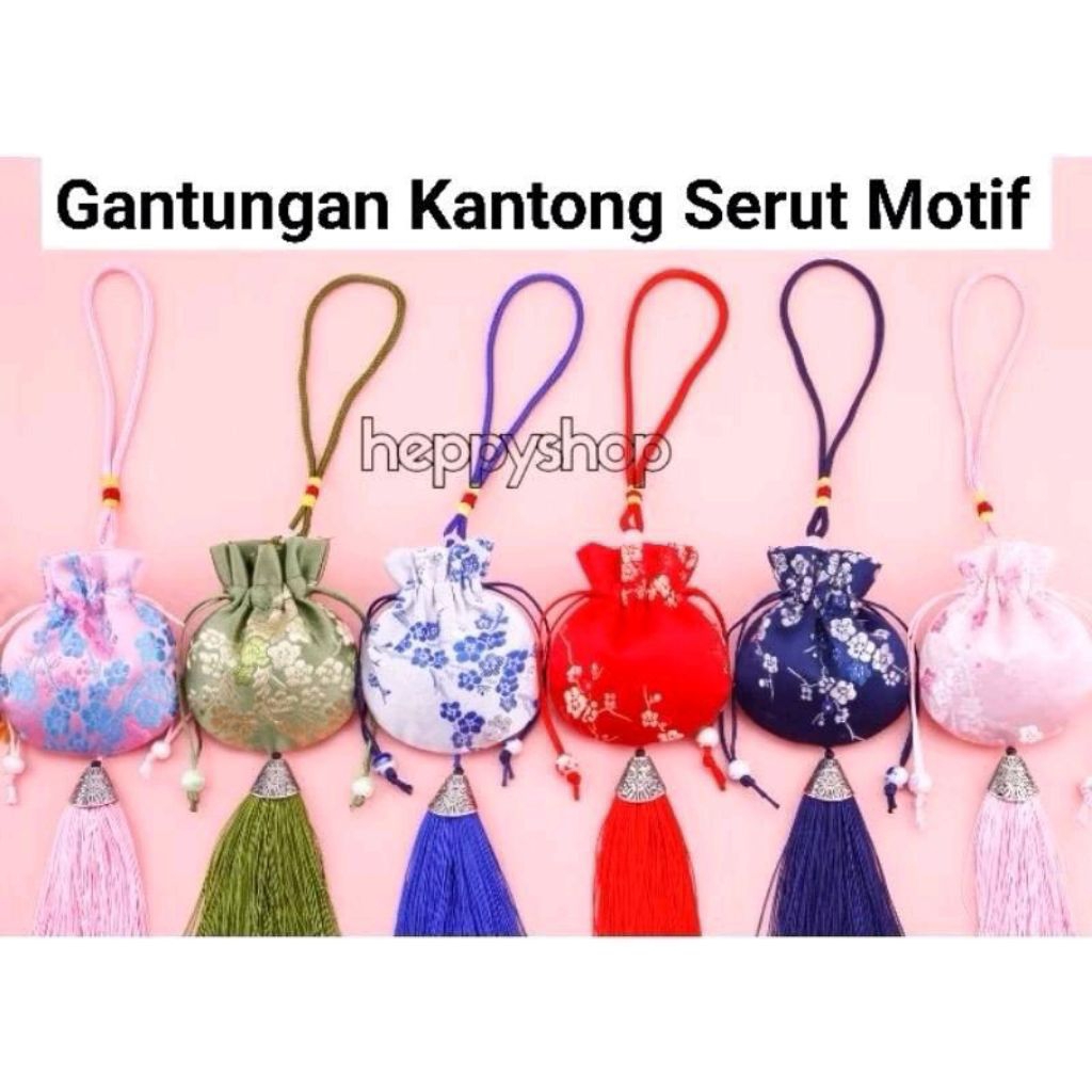 Gantungan Kantong Serut Motif, Kantong Jimat, Pouch Kain Imlek