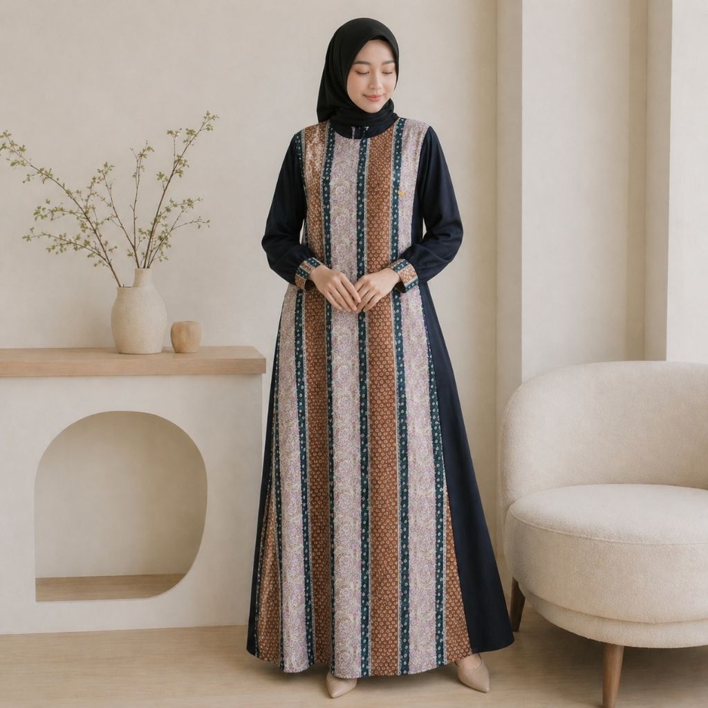 vertica batik Gamis Batik Garis Vertikal Wanita Dress Panjang Hitam Elegan Slim Look