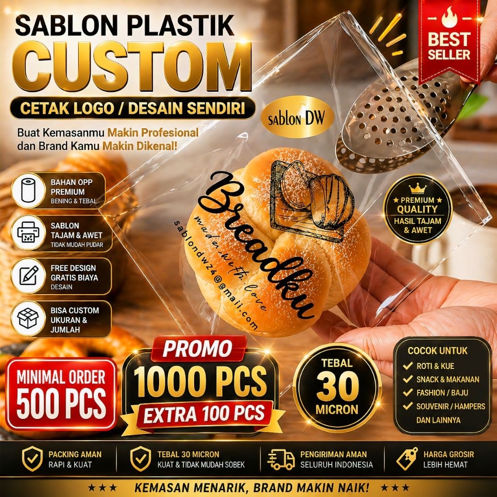 Sablon Plastik Custom Logo Murah | OPP Bening 30 Micron | Kemasan Roti Donat Cookies Snack Fashion S