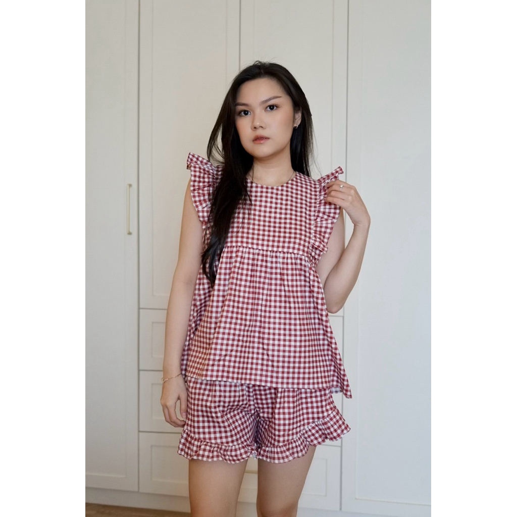 Nuela Petal Set - Gingham Maroon | PAJAMAS | BAJU TIDUR