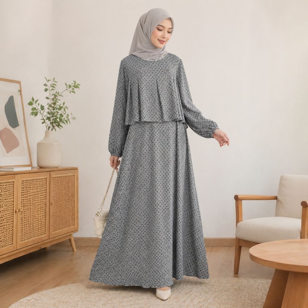 Dress Muslim Layer Model Minimalis Motif Kecil Wanita Anggun Modern dress kondangan lamaran