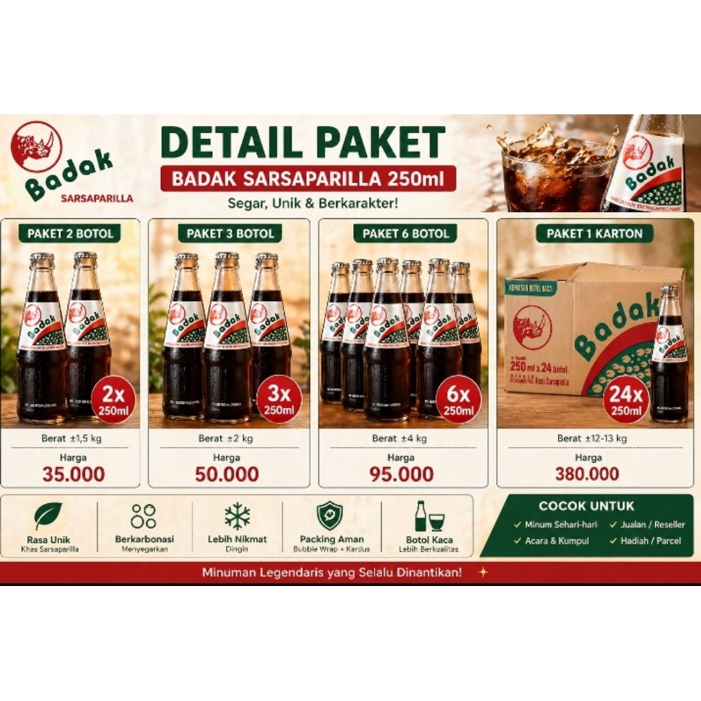 Badak Sarsaparilla 250ml Minuman Soda Unik Segar Paket 2/3/6 Botol/Karton
