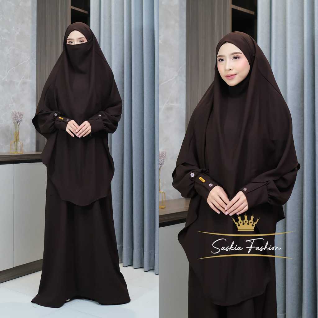 Gamis Syar'i Abaya Kayla Set Khimar French umroh haji Hitam Bahan Sabrina Anti UV Terbaru Kekinian