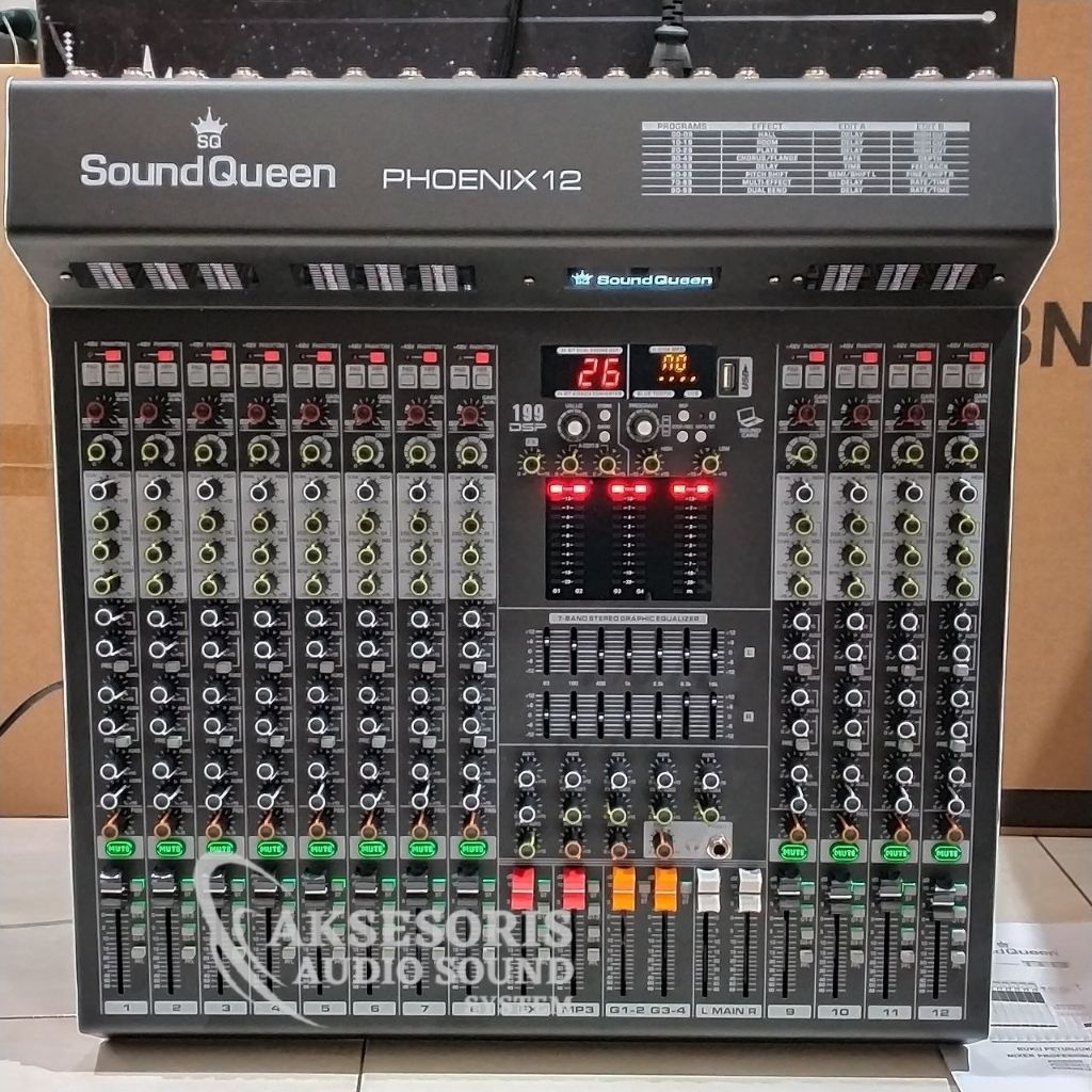 Mixer SOUNDQUEEN PHOENIX 12 12Chanel Efek Digital Reverb Kompress Equaliser Terbaru Kualitas Bagus